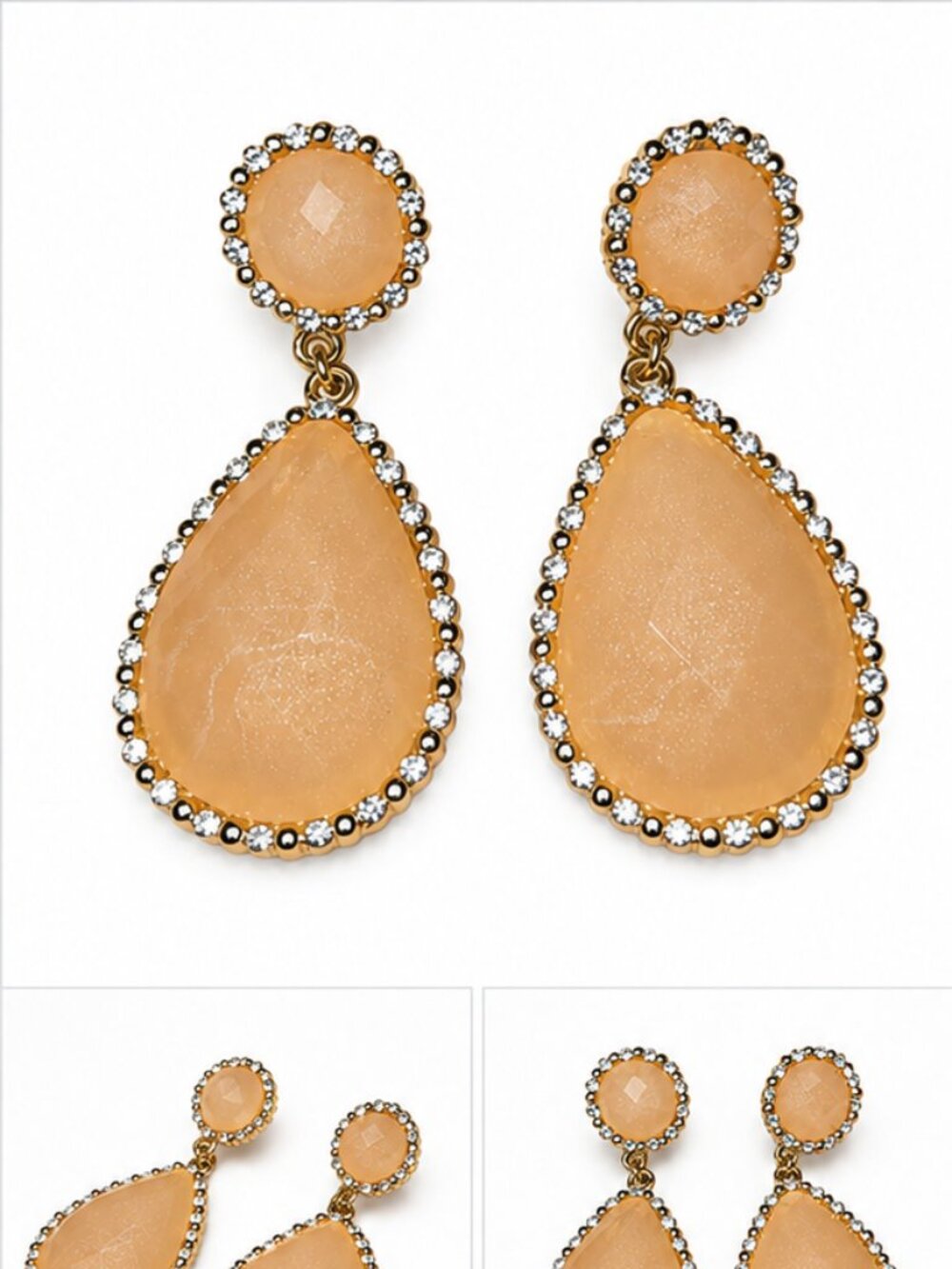 Peach Teardrop Rhinestone Drop Earrings Gold Tone Statement Earrings